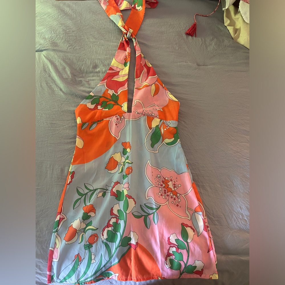 Floral multi color halter mini dress